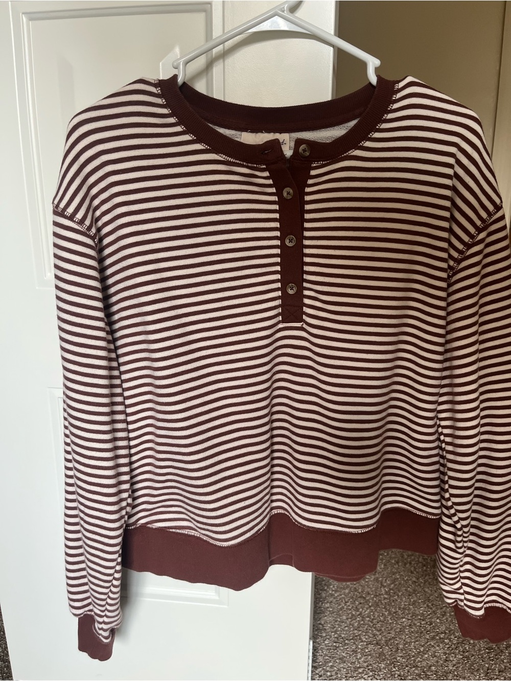 Striped Henley Sweater in Burgundy and Cream